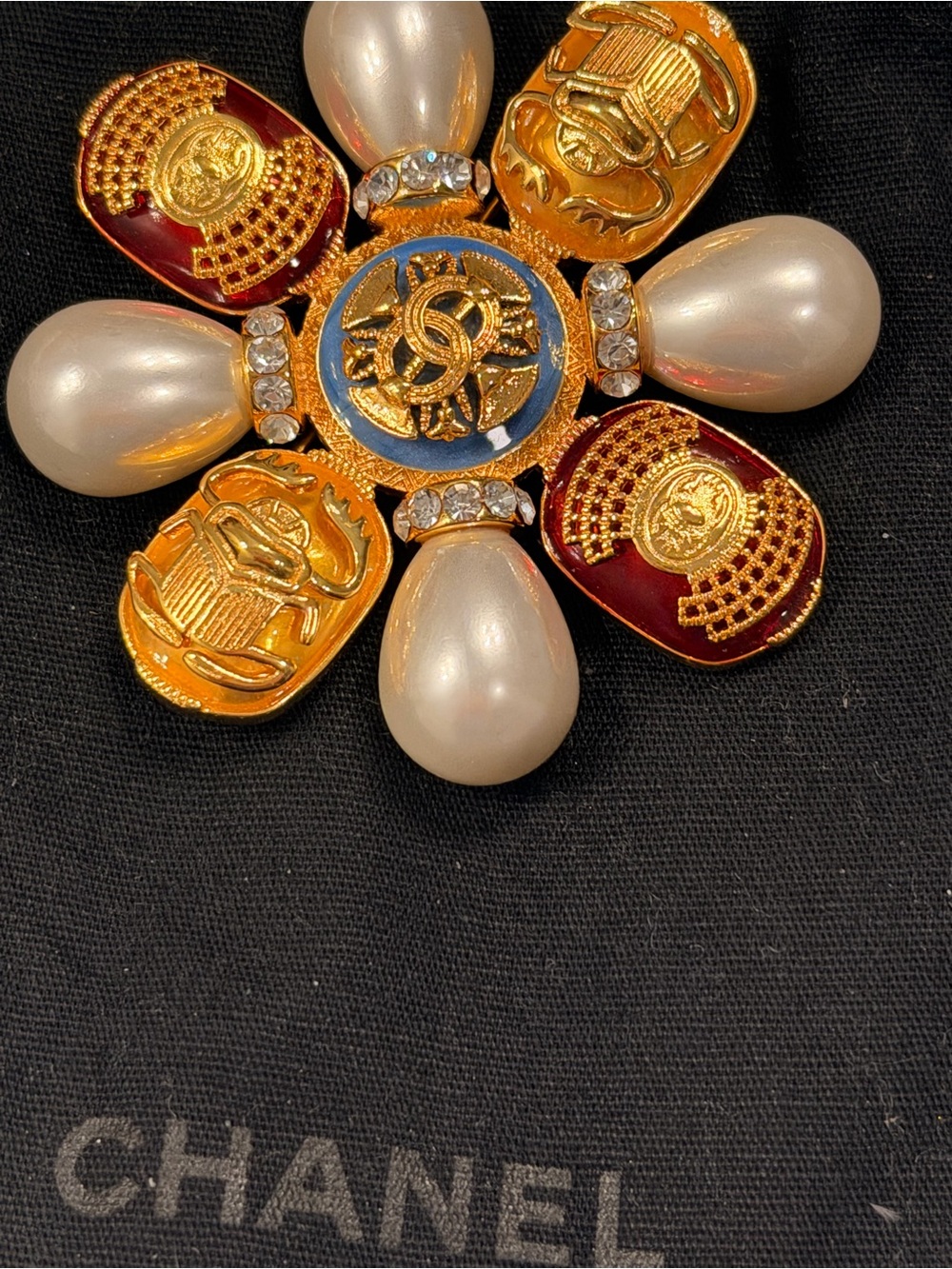 CHANEL Gold-Tone Pearl Brooch with Red Enamel and Blue Center